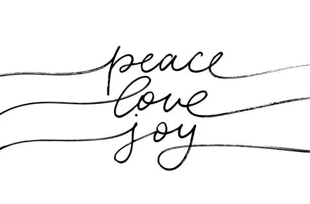 Vector illustration of Peace Love Joy mono line lettering with swashes.