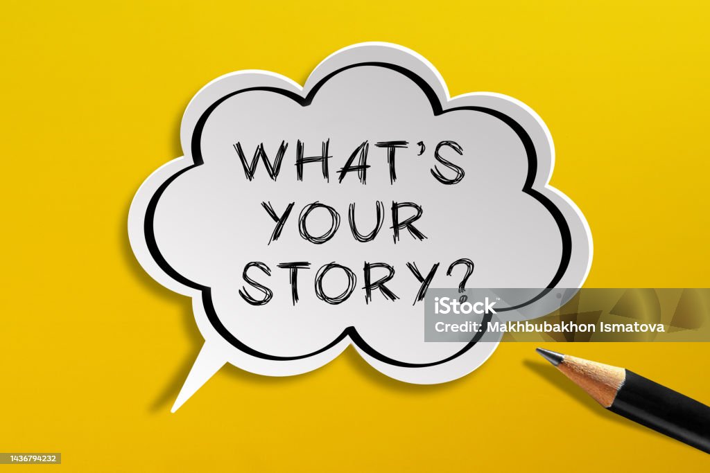 What Is Your Story speech bubble isolated on the yellow background Storytelling Stock Photo