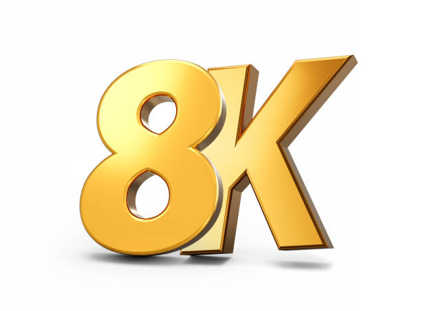 istock 8K Logo 3d Ultra high definition television technology UltraHD screen resolution gold symbol icon isolated on white background 3D illustration 1436794250