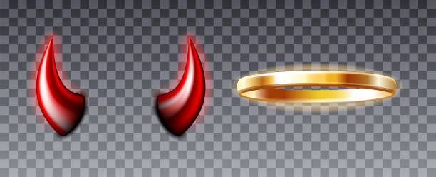 Angel rings and devil horns. Saint golden glowing circle halo and red demon horns evil symbol. Angel rings and devil horns. Saint golden glowing circle halo and red demon horns evil symbol. Design for halloween costume. Vector illustration on transparent background remarkable hell stock illustrations