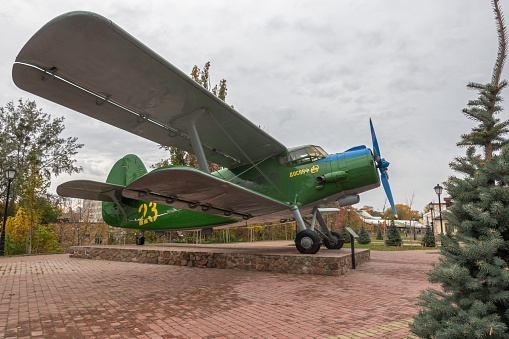 Kiev, Ukraine. October 25, 2022. Aircraft An-2 in the park named after the pioneers of aviation in the exposition of the State Polytechnic Museum in NTUU KPI