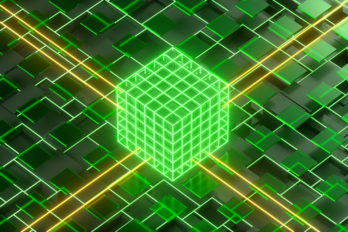Abstract technology background cube blocks with neon lighting glowing lines, 3d render.