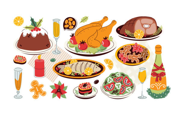 illustrazioni stock, clip art, cartoni animati e icone di tendenza di set di cibo festivo di natale o capodanno. tradizionale pasto fatto in casa per le vacanze invernali. piatti festivi per la festa di natale. turchia, dessert, pan di zenzero. illustrazione vettoriale piatta isolata su sfondo bianco - christmas dinner food turkey