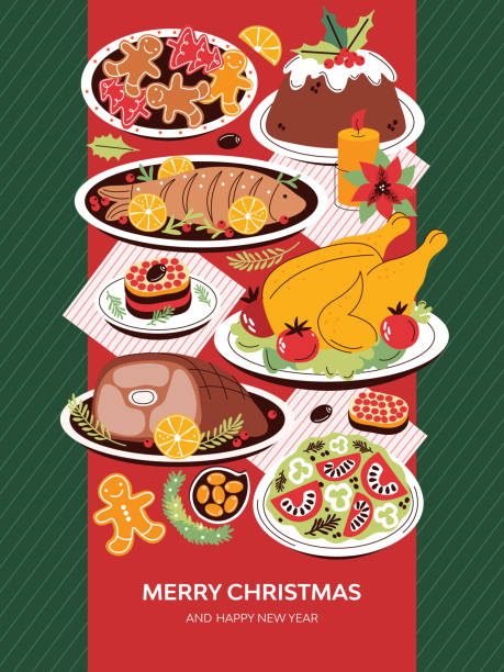 メリークリスマスと新年のグリーティングカード、ポスター、バナー。お祝いの家族の大晦日の夕食。伝統的な休日の食べ物。平面図。クリスマステーブルのカラフルな漫画の平らなベクタ� - christmas dinner food turkey点のイラスト素材／クリップアート素材／マンガ素材／アイコン素材