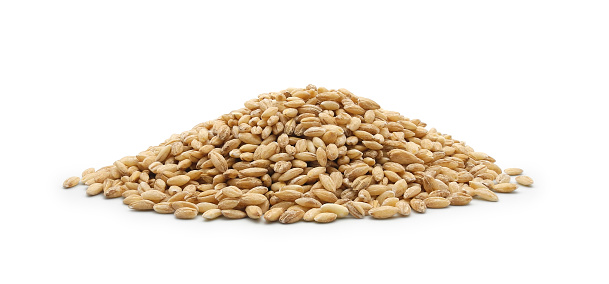 Heap of raw pearl barley groats isolated on white background. Organic cereals for healthy eating.