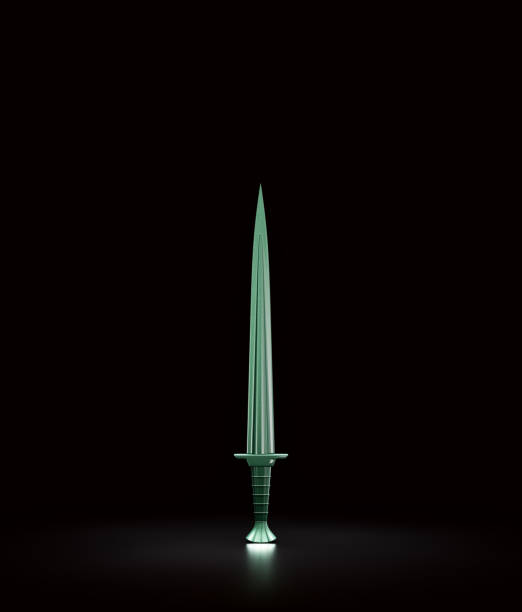 istock Green shiny knife, combat weapon blade, military and hunting dagger. Medieval weapon, 3d rendering 1436803606