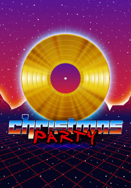 istock Christmas party invitation poster or flyer with 80s neon style and vinyl lp for dj 1436803673
