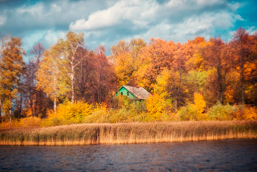 House in the autumn forest on the lake