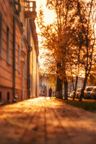 istock Blurred background - autumn street with passers-by 1436805215