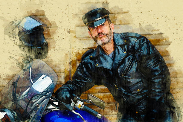 biker dressed in black leather with his bike in watercolor style portrait of biker dressed in black leather with his bike in watercolor style folsom stock illustrations