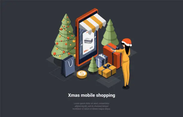 Vector illustration of Christmas Celebration Concept. Woman Choosing Gift In Xmas Store. Online Mobile Shopping With Huge Smartphone And Girl In Santa Hat Making Christmas Shopping Online. Isometric 3d Vector Illustration