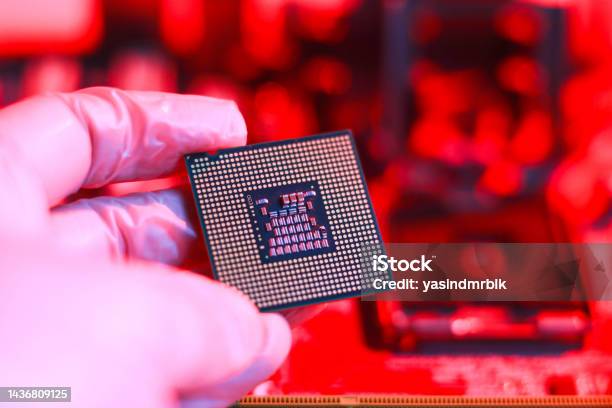 Microprocessor Socket. Shop Technician Installing Cpu Chip Microprocessor Socket On Motherboard ...