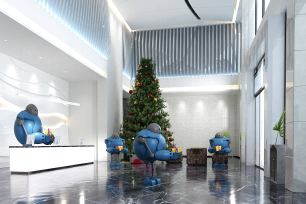 istock Robots Holding Christmas Gift Boxes For Visitors At Hotel Reception Or Office Lobby 1436810202