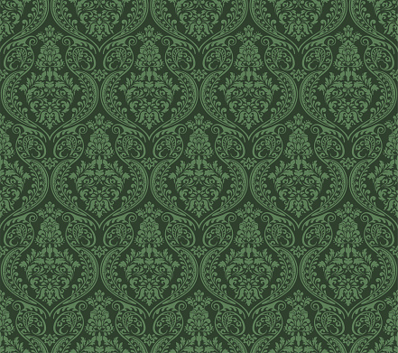 Victorian damask in moss green color, luxury decorative fabric pattern.