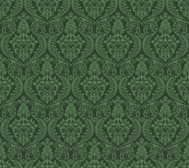 Moss Green Victorian Damask Luxury Decorative Fabric Pattern Victorian damask in moss green color, luxury decorative fabric pattern. moss stock illustrations