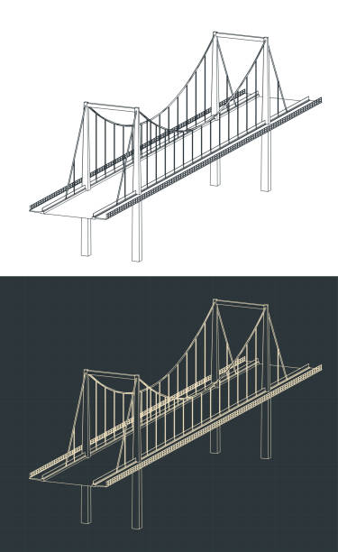 isometrische blaupausen für schrägseilbrücken - cable stayed bridge illustrations stock-grafiken, -clipart, -cartoons und -symbole