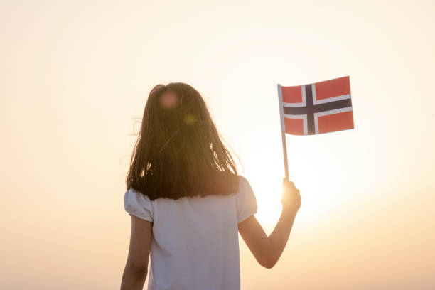 petite fille au drapeau - norwegian flag norway flag freedom photos et images de collection