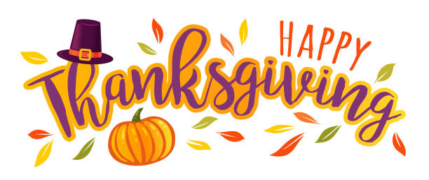 Vector illustration of a Happy Thanksgiving text  with pumpkin and hat. Happy Thanksgiving day. vector art illustration