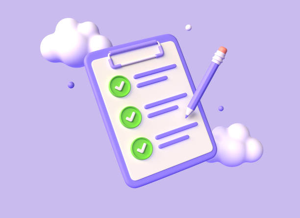 istock 3D clipboard with completed task list, pencil and green checkmark. Checklist with successfully completed business tasks. Project plan document. illustration isolated on purple background. 3d rendering 1436816999