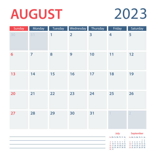 2023 August Calendar Planner Vector Template. Week starts on Sunday vector art illustration