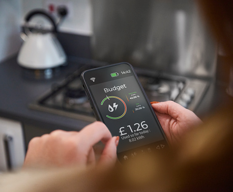 A woman using her smart meter app to keep tabs on her homes energy consumption and costs
