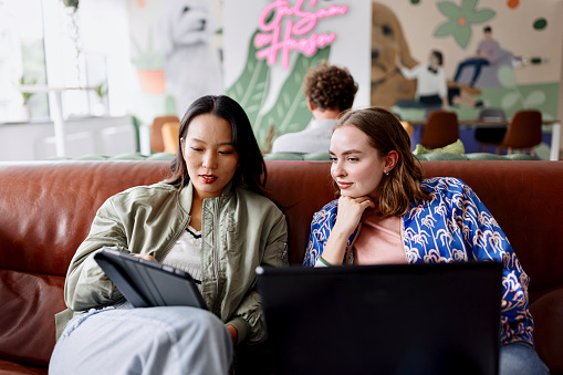 Female business professionals working side by side in a start up office