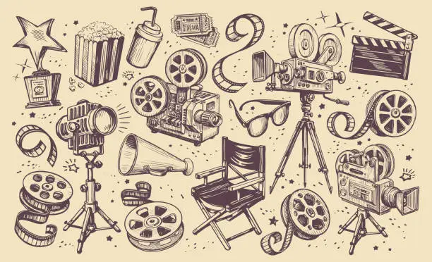 Vector illustration of Cinema production collection. Film industry retro concept. Set elements on theme of cinema. Vintage vector illustration