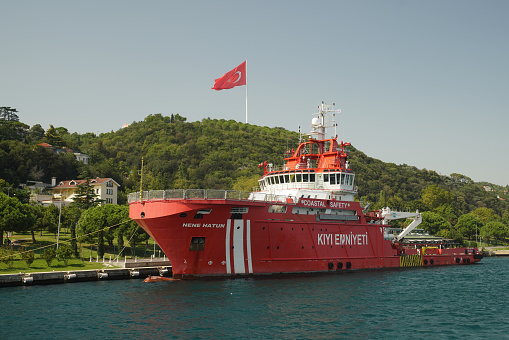 Istanbul, Turkiye - August 28, 2022: Nene Hatun Coastal Safety Ship in Bosphorus strait of Istanbul