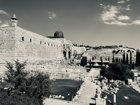 A black and white picture of the Roman Theatre of Amman.