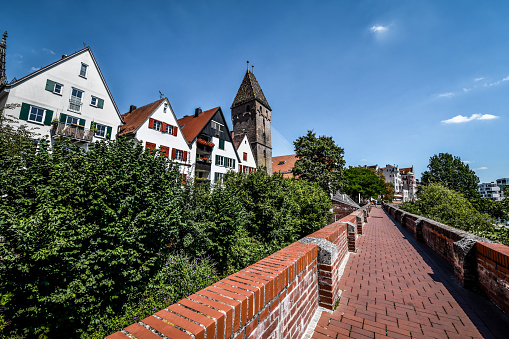 Footpath Near Houses, Butcher Tower And Blau River In Ulm, Germany