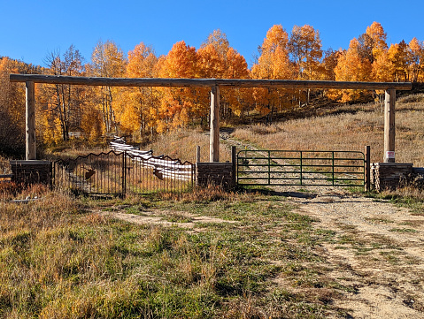 Mountain pasture and ranch gate in golden aspen forest in late autumn above Kolob Reservoir near Zion National Park Utah