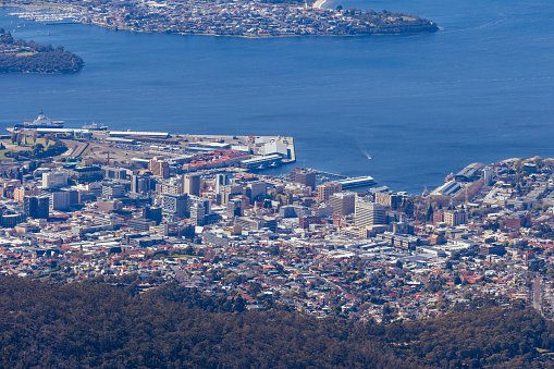 The iconic view from the summit of Mt Wellington on a cold spring morning looking over Hobart CBD in Tasmania, Australia