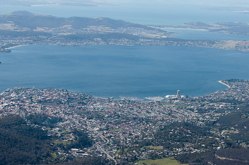 The iconic view from the summit of Mt Wellington on a cold spring morning looking over Hobart in Tasmania, Australia