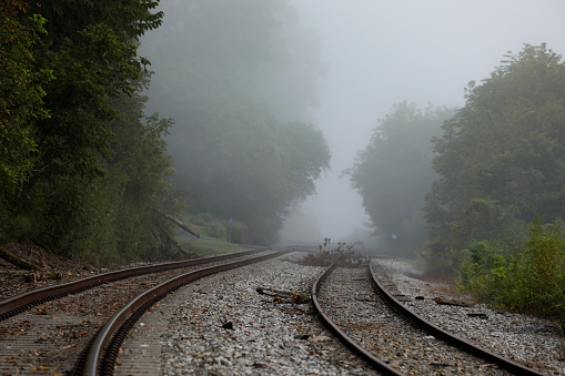 Set of rail tracks dissappear into the fog