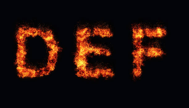 Letters D, E, F, rendered in fire and flames Burning letters A, B, C. fire letter e stock pictures, royalty-free photos & images