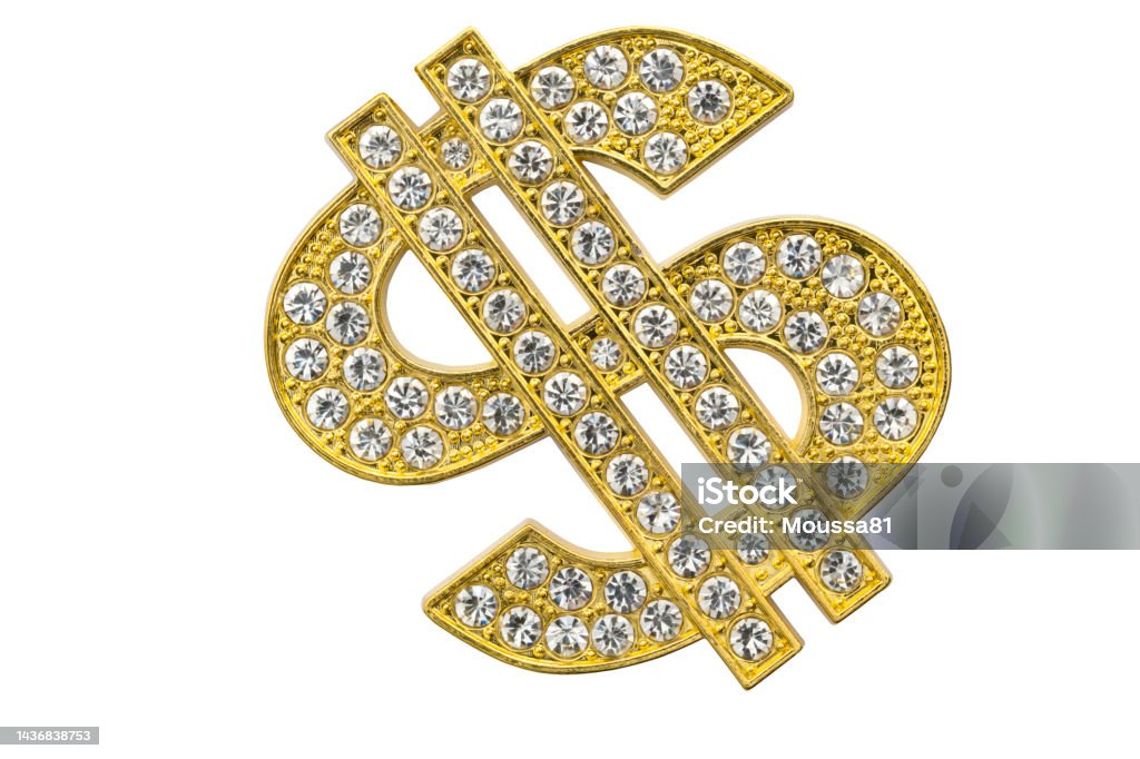 Hip hop culture, expensive bling and displaying success concept with close up on diamond studded dollar sign isolated on white background with clipping path cutout Bling Bling Stock Photo