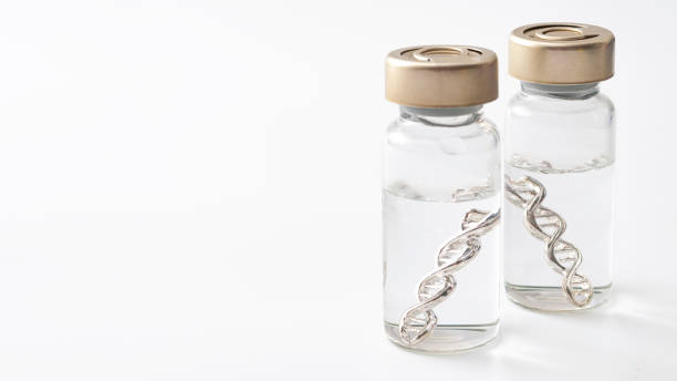 Acquired immunity vaccine, genetic pharmaceutical and immunization injection concept with glass vials contain DNA or mRNA double helix and clear fluid isolated on white background with copy space