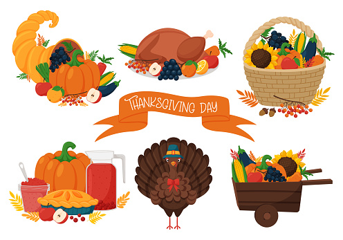 A composition with Thanksgiving symbols, a dish with roast turkey, a basket with vegetables and fruits, a horn of plenty, a Turkey in a hat. Cartoon vector illustration isolated on a white background