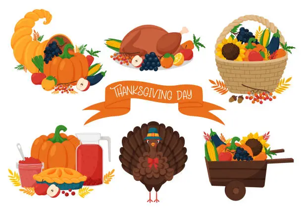 Vector illustration of A composition with Thanksgiving symbols, a dish with roast turkey, a basket with vegetables and fruits, a horn of plenty, a Turkey in a hat. Cartoon vector illustration isolated on a white background