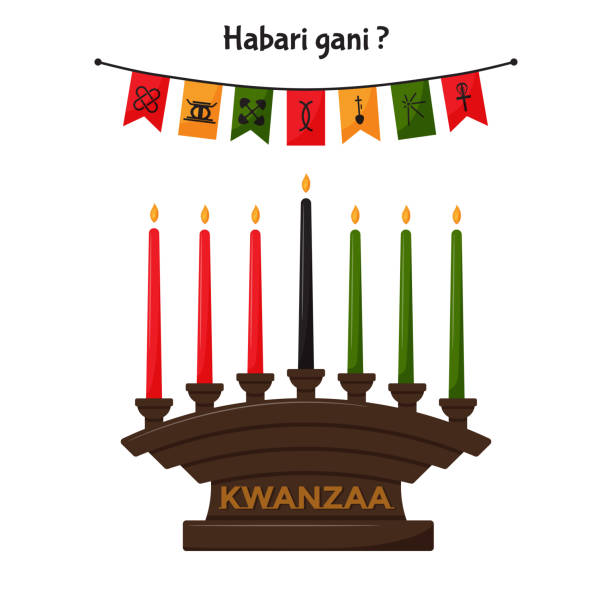 kinara, ein kerzenständer mit 7 traditionellen kwanzaa-kerzen. festliche flaggen mit kwanzaa-symbolen. habari gani - swahili translation - was gibt es neues? flache vektorillustration isoliert auf weiß - kinara stock-grafiken, -clipart, -cartoons und -symbole