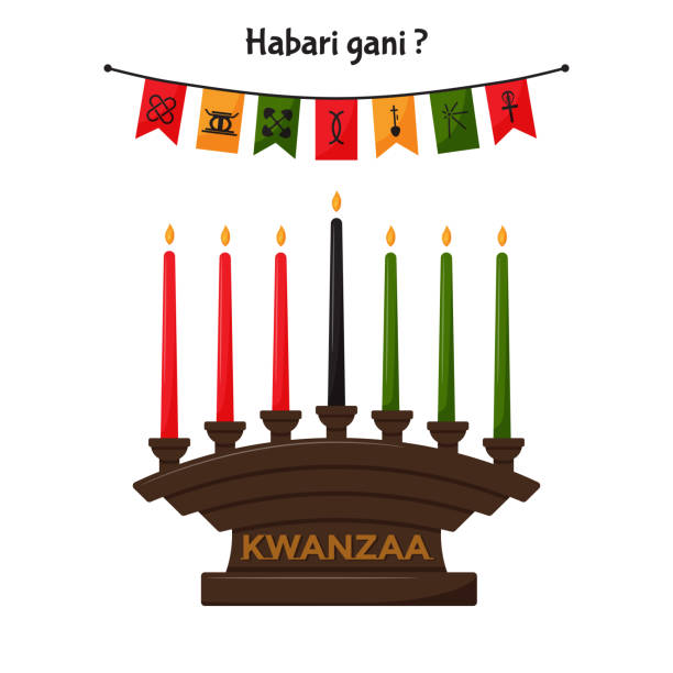 キナラ、7つの伝統的なクワンザキャンドルが入ったローソク足。クワンザのシンボルが付いたお祝いの旗。ハバリガニ-スワヒリ語翻訳-ニュースは何ですか。白い背景に平らなベクターイラ� - kinara点のイラスト素材／クリップアート素材／マンガ素材／アイコン素材