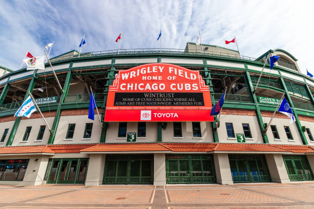 Wrigley Field in Chicago, IL. CHICAGO, IL, USA - SEPTEMBER 17, 2020: The exterior Major League Baseball's Chicago Cubs' Wrigley Field stadium in the Wrigleyville neighborhood of Chicago. major league baseball stock pictures, royalty-free photos & images