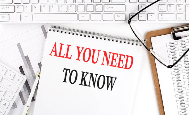 istock Text ALL YOU NEED TO KNOW on Office desk table with keyboard, notepad and analysis chart on white background. 1436848944