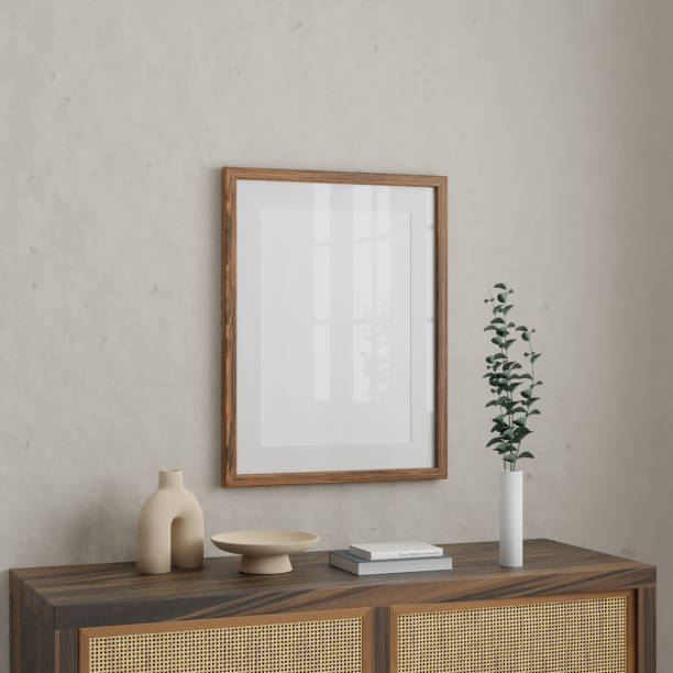 istock Vertical wood frame mockup in living room interior with light reflection. 3d rendering, 3d illustration 1436850284