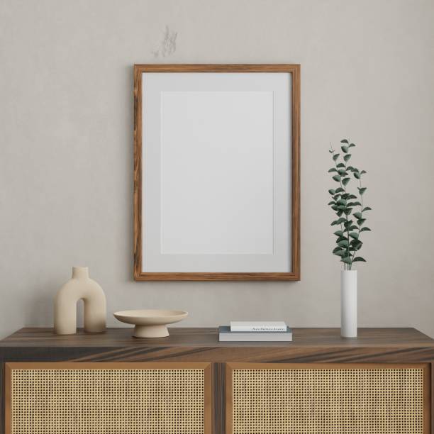 istock Vertical wood frame mockup in living room interior with light reflection. 3d rendering, 3d illustration 1436850309