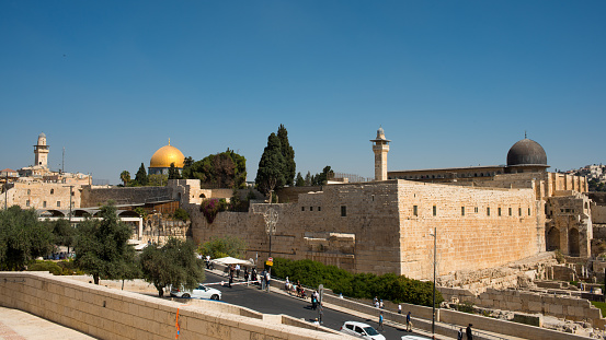 Panoramic view to Jerusalem Old city and the Temple Mount, Dome of the Rock and Al Aqsa Mosque from the Mount of Olives in Jerusalem