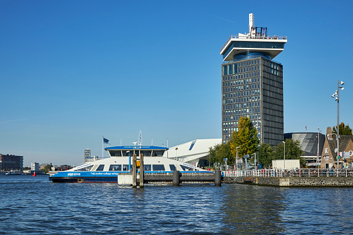 A'DAM Tower and EYE Film Museum waterfront skyline on a summer day, Amsterdam-Noord, The Netherlands.