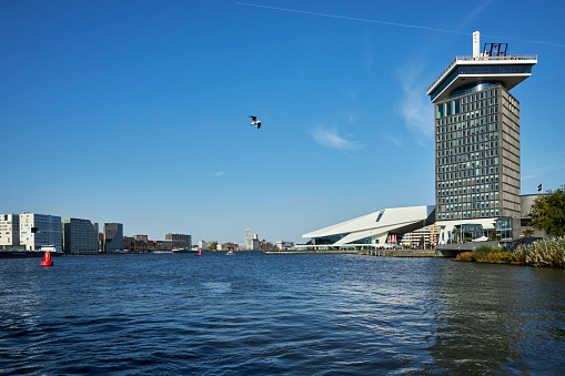 A'DAM Tower and EYE Film Museum waterfront skyline, Amsterdam-Noord, The Netherlands.