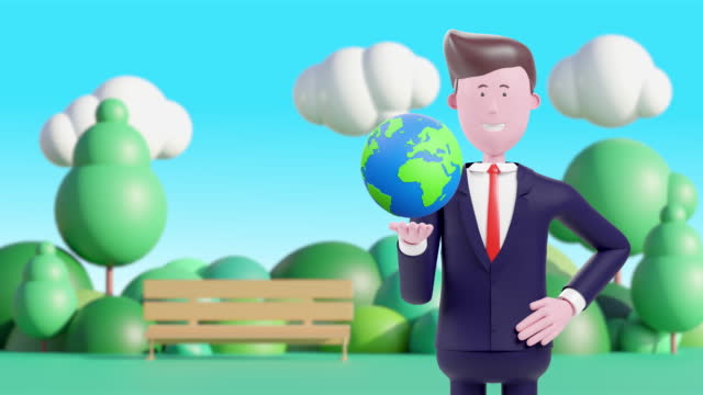 3d Animation cartoon bussiness man holding world in the park.