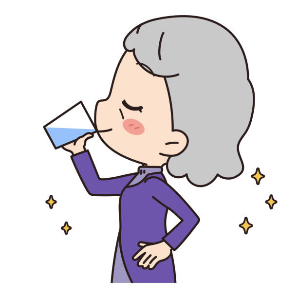 ilustracja przedstawiająca starszą kobietę pijącą wodę, górna część ciała. - adult allergy casual white background stock illustrations